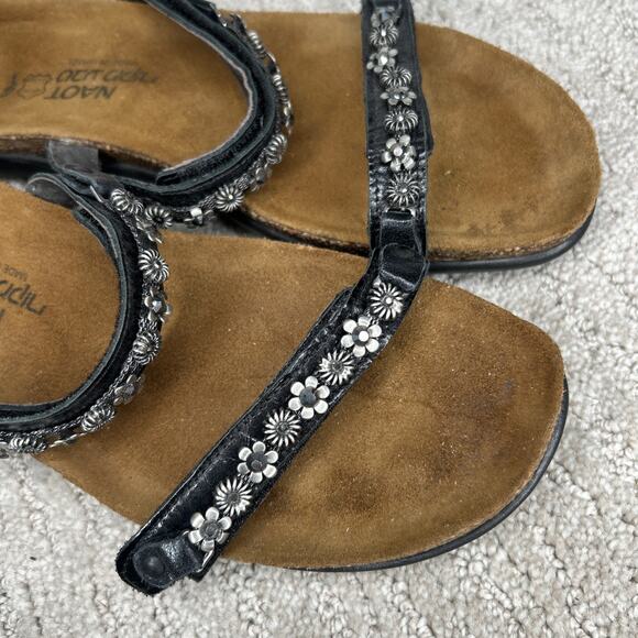 NAOT® Genuine Leather Black Slides Sandals w/Flower Rhinestone Studs 7M 38 EU - Picture 4 of 6